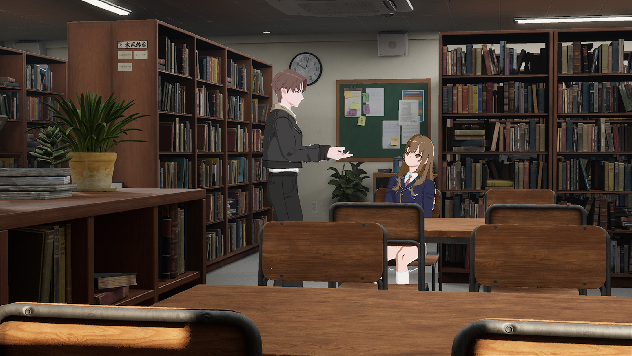 Library scene with two characters