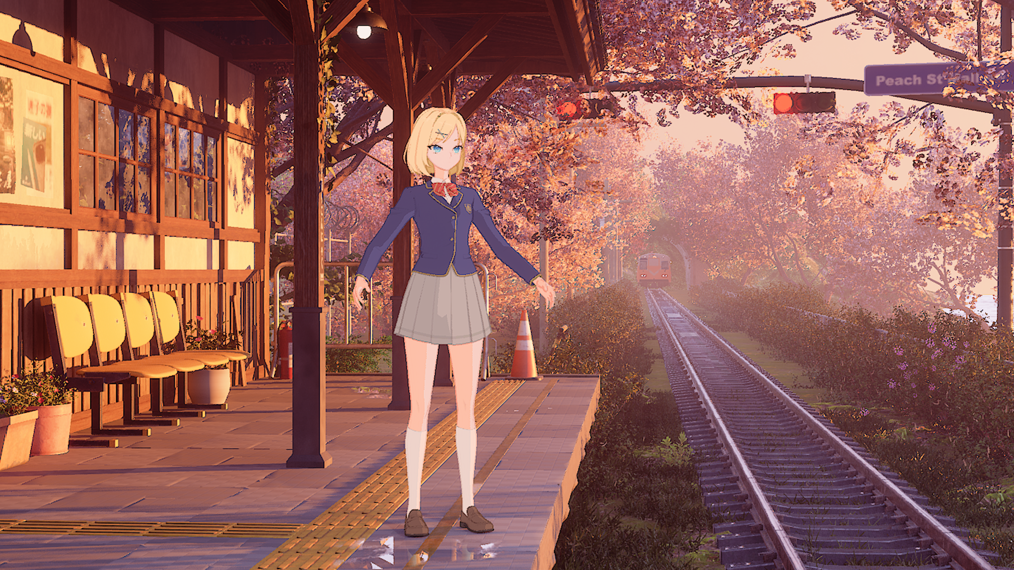 Autumn train station — NPR character on PBR background