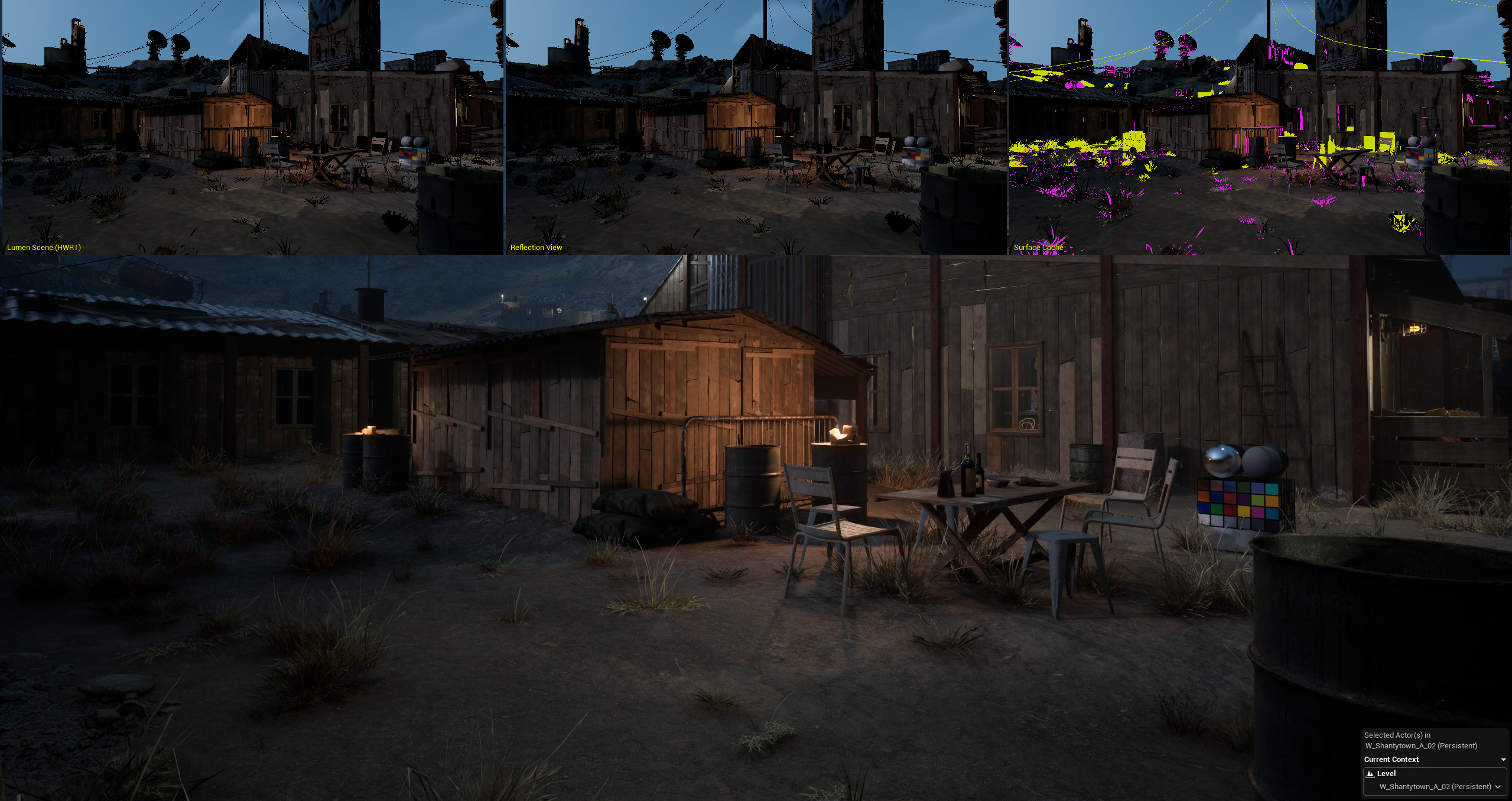 Slum area 3-panel composite — wireframe, render, and debug views