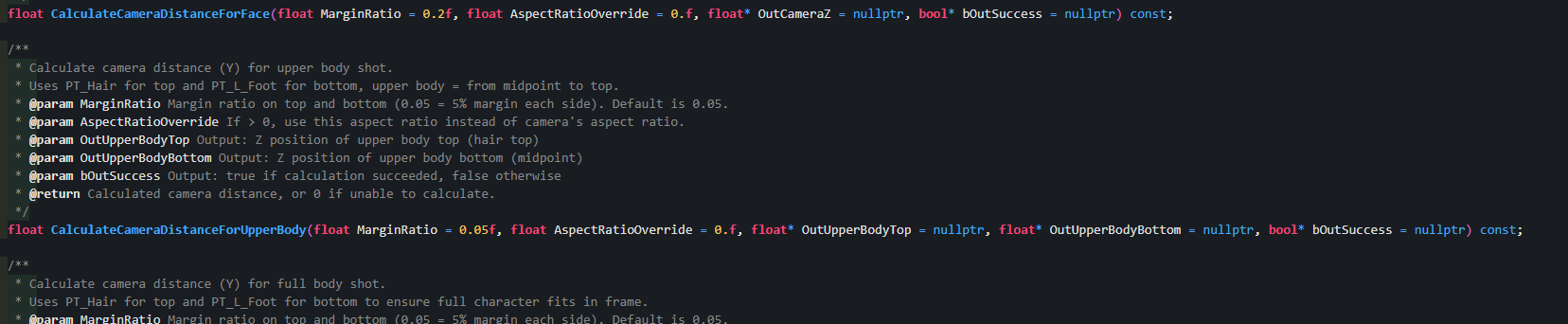 C++ — CalculateCameraDistanceForFace/UpperBody with margin and aspect ratio
