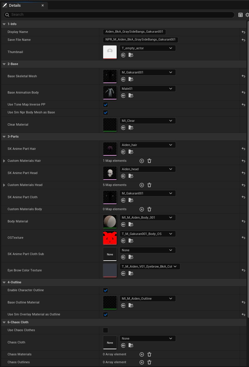 NRC Data Asset — Info, Base, Parts, Outline, Chaos Cloth settings