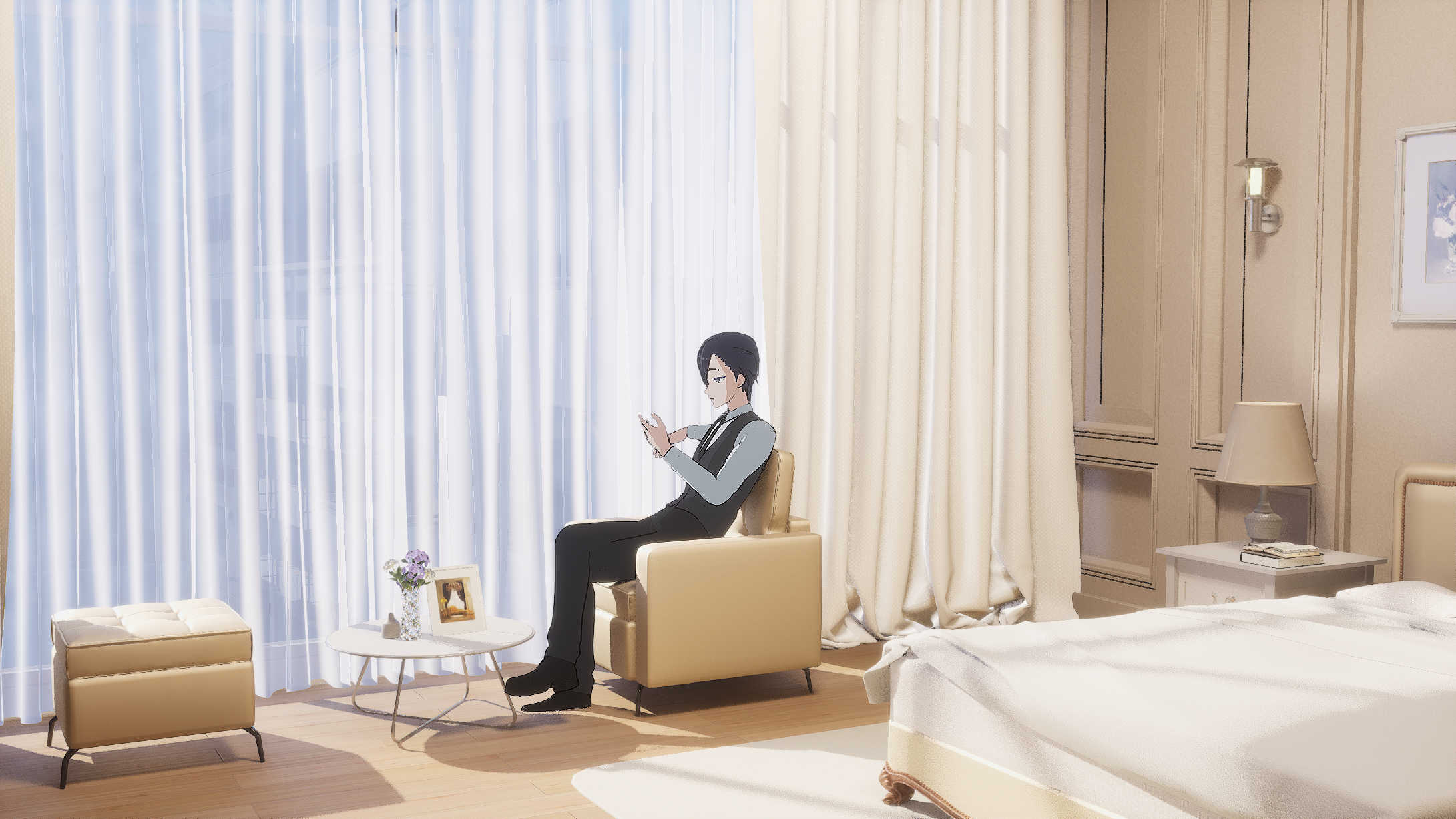 Editor preview — verifying NPR character placement on a background