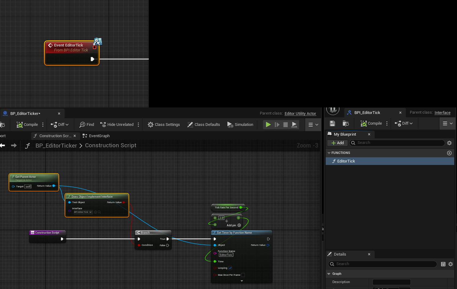 BP_EditorTicker + BPI_EditorTick node graph