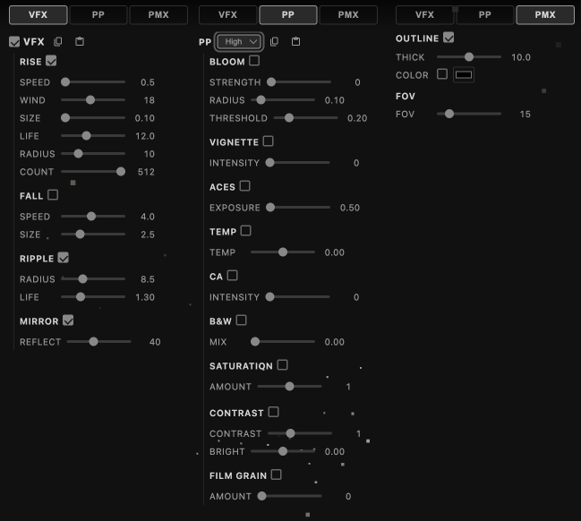 FX control panels — VFX, Post-Process, and PMX tabs