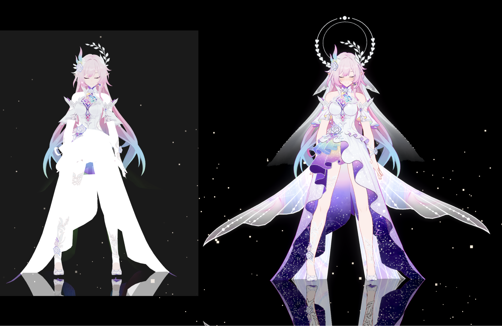 Before and after TSL toon shader fix — white regions resolved to transparent overlay