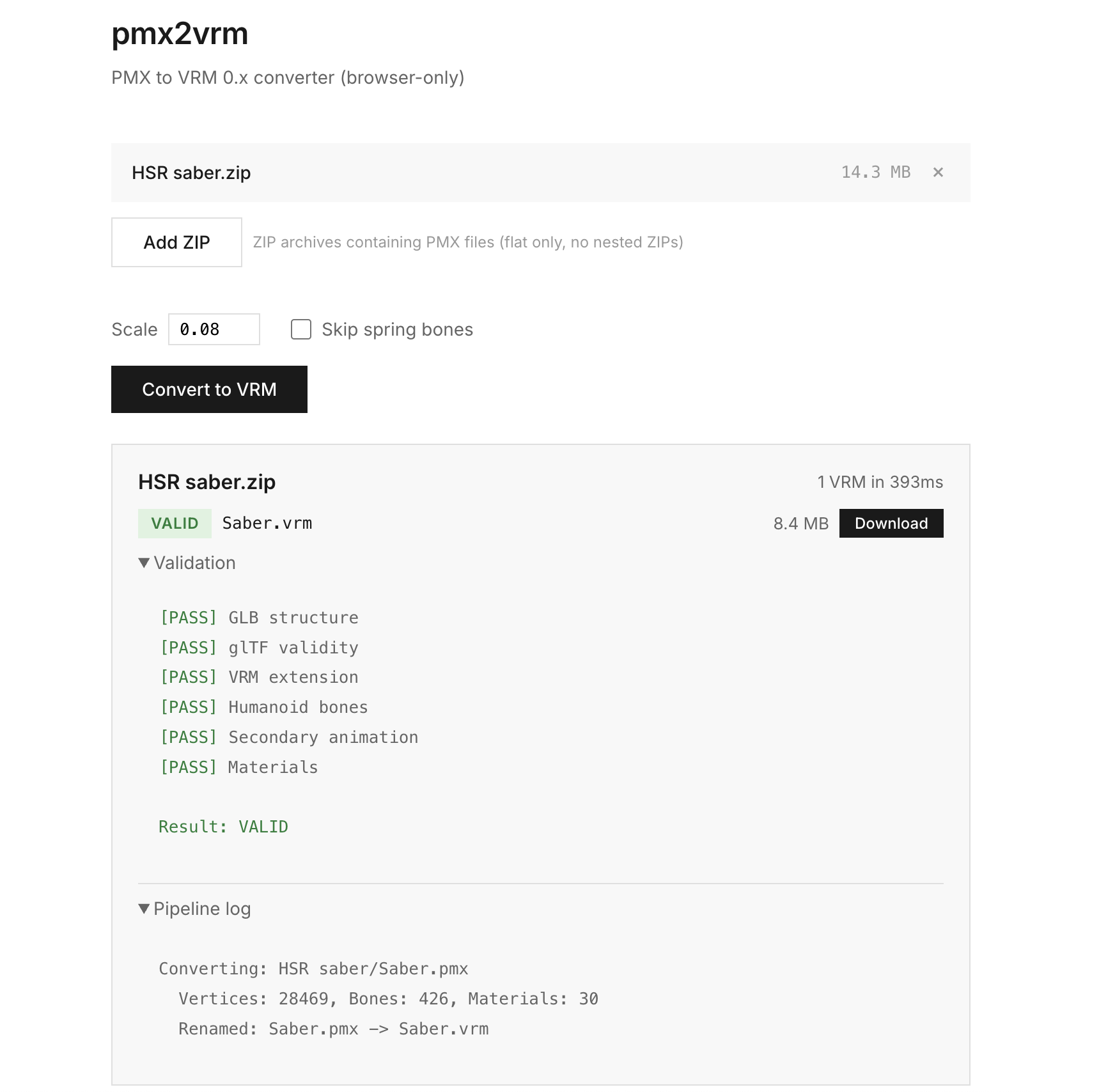 pmx2vrm Web App — ZIP Upload to VRM Conversion + 6-Layer Validation