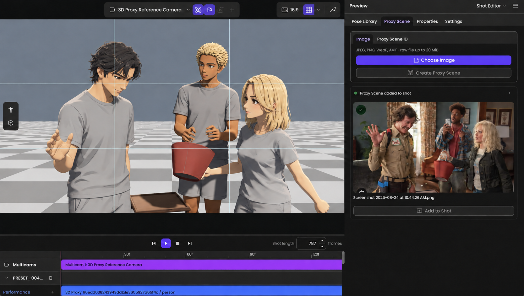 AI-retouched Shotloom thumbnail showing three characters in the 3D editor with camera and motion tracks